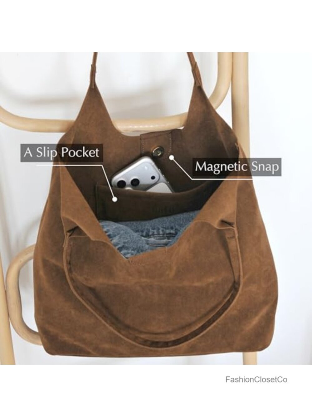 Faux Suede Tote Bag with Magnetic Closure, Hobo Handbag, Casual Vegan Leather - Picture 5 of 6